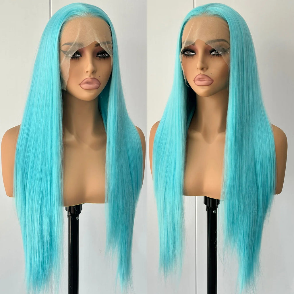 Blue Wig Long Straight Synthetic Lace Front Wig Glueless Ready to Wear Cosplay Party Light Blue Hair Lace Frontal Wigs for Women