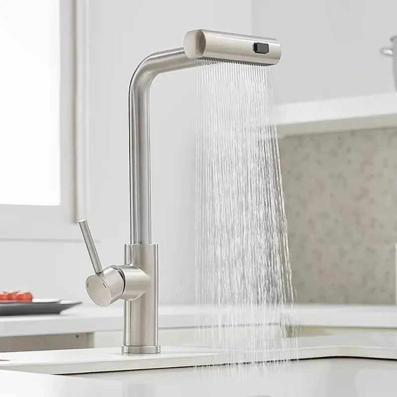 Black/Gray/Silver Pull-Out Kitchen Faucet Three Water Stream Sprayer Stainless Steel Hot and Cold Water Mixing Faucet Countertop