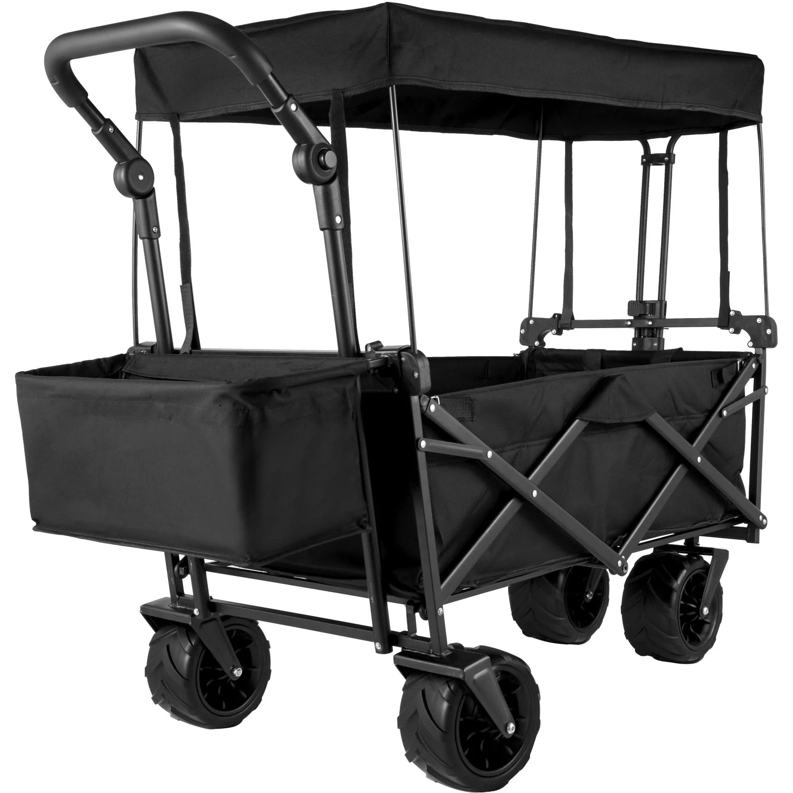 SucceBuy Folding Wagon Cart Adjustable Handle Bar Removable Canopy Oxford Cloth Collapsible Shopping Outdoor Camping Beach Cart