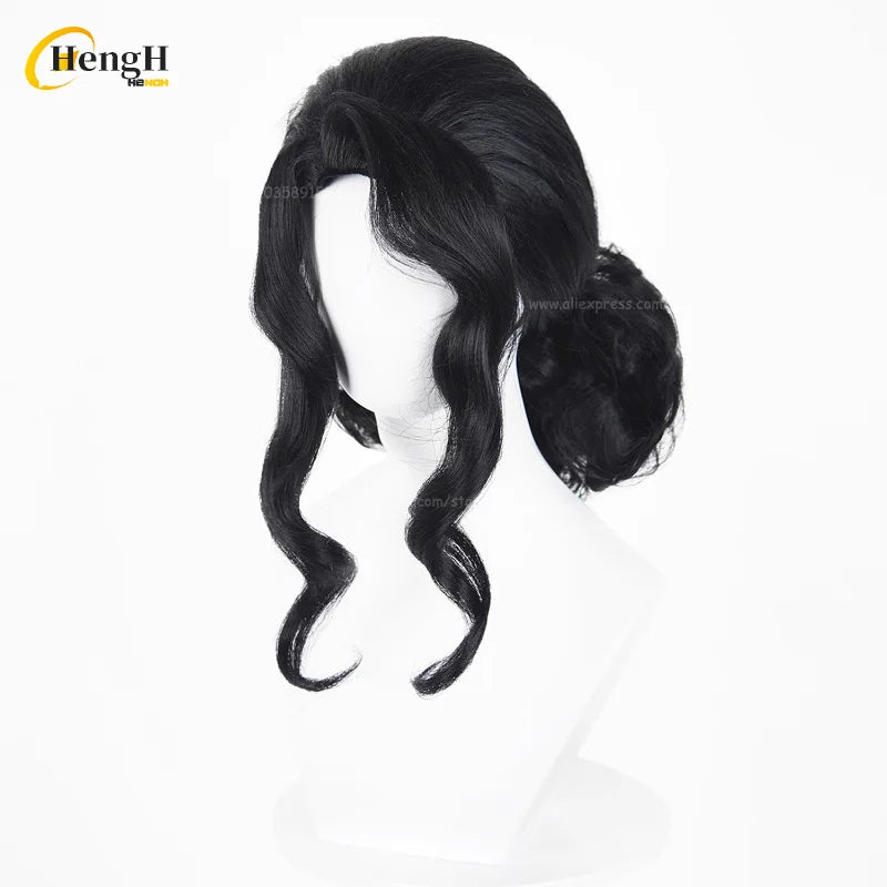 In Stock Anime Kibutsuji Muzan Female Short 38cm Black With Bun Cosplay Wig Heat Resistant Synthetic Hair Halloween Party Wigs
