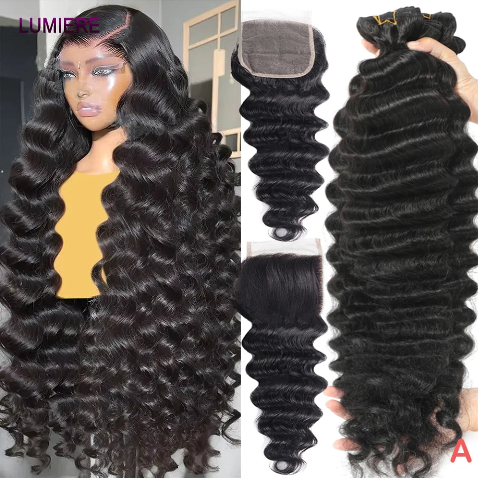 18A Top Quality Loose Deep Wave Human Hair Bundles With Lace Closure Frontal HD Transparent Lace Double Weft Wholesale Plucked