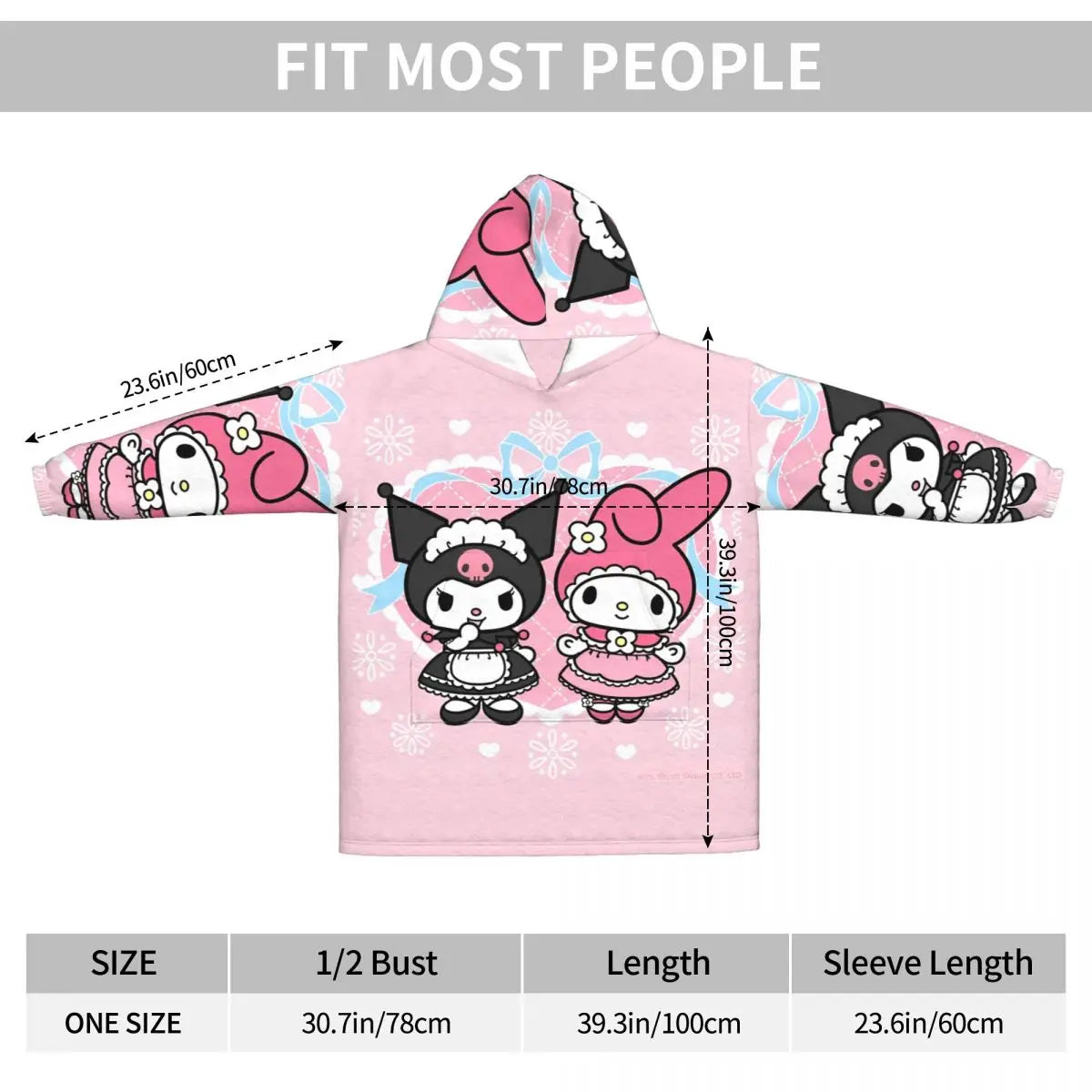 My Melody And Kuromi Blanket Hoodie Wearable Cute Cartoon Blanket Large with Pocket Warm Sleeping Bag Soft Cozy Onesie