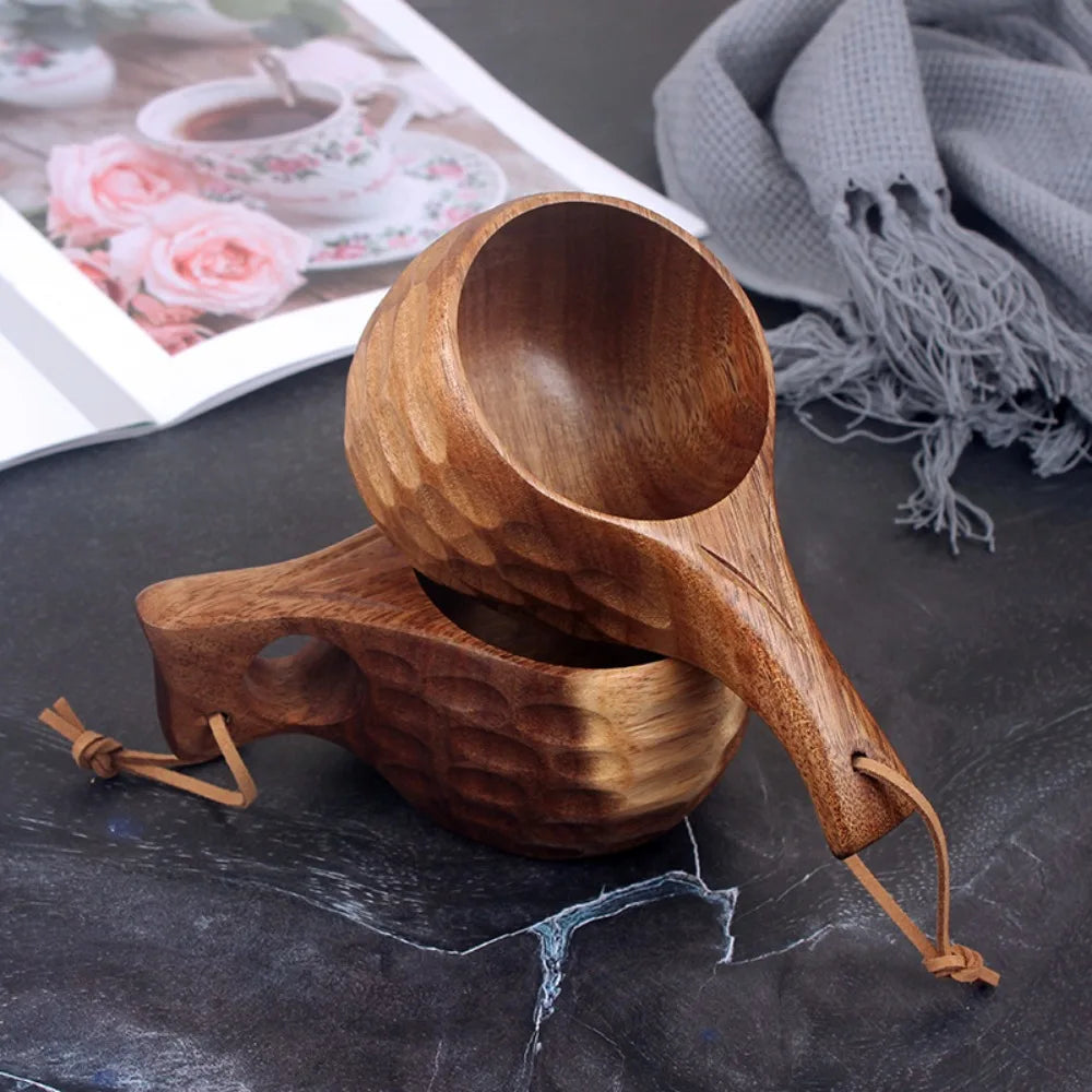 Kuksa Portable Coffee Mug Rubber Wood Handle Two Hole Cowhide Rope Hook Juice Milk Tea Coffee Drinking Cup Drinkware