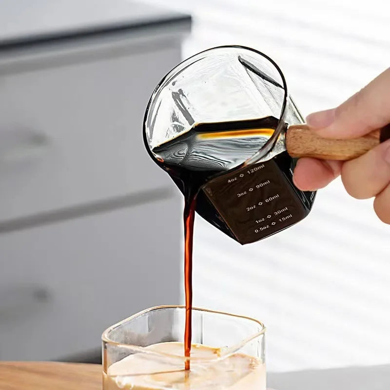 JUSTINLAU 120ML Coffee Extraction Cup High Borosilicate Glass Espresso Cups Single Mouth with Scale Wooden Handle Measuring Mugs