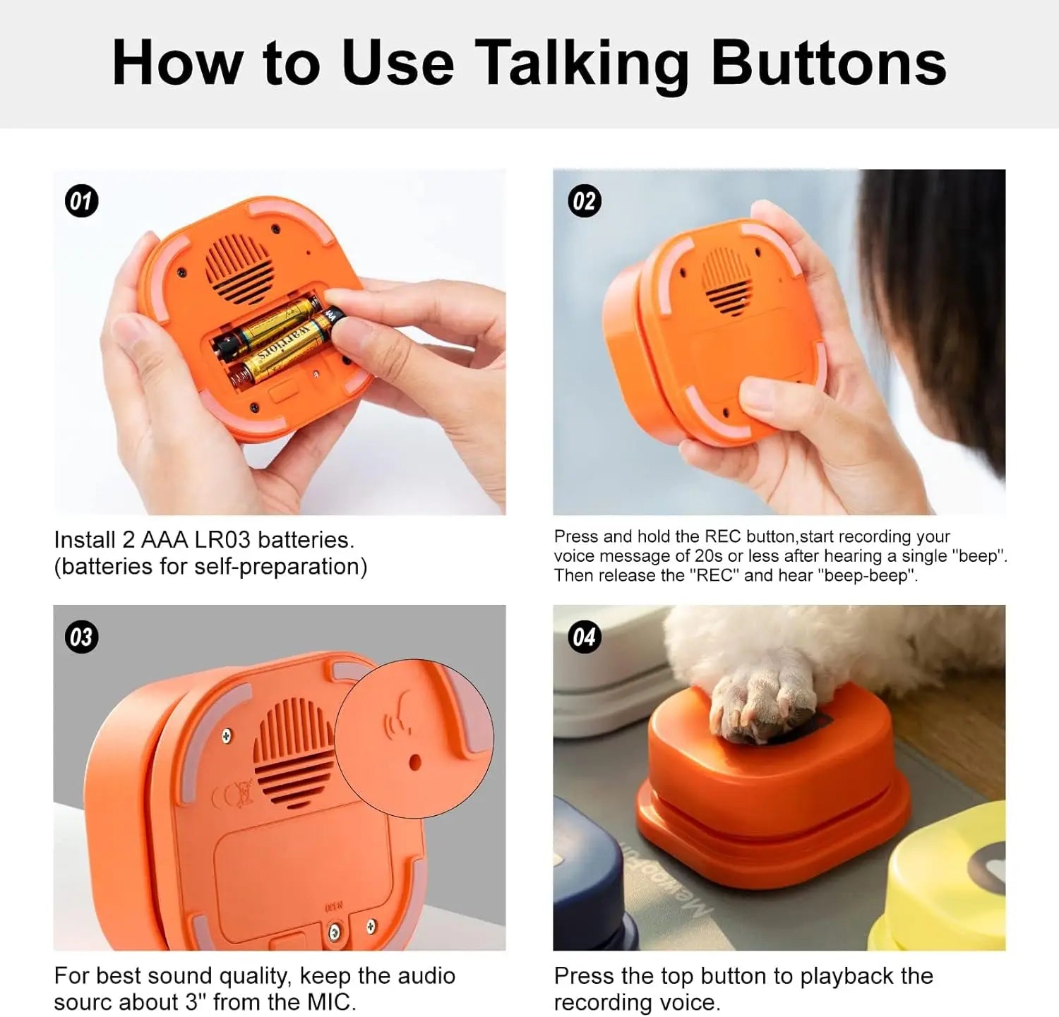 Mewoofun Dog Buttons with Rubber Mat Recordable Dog Talking Buttons Set Communication Starter Pack Dog Training Speaking Buttons