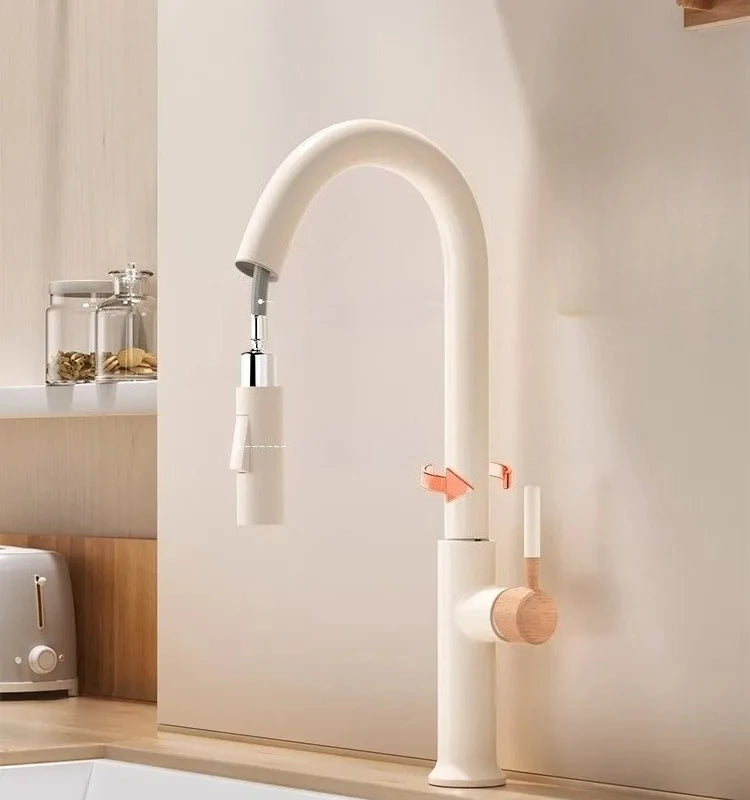 Wooden cream pull-out hot and cold all copper faucet, kitchen retractable rotating vegetable washing sink faucet