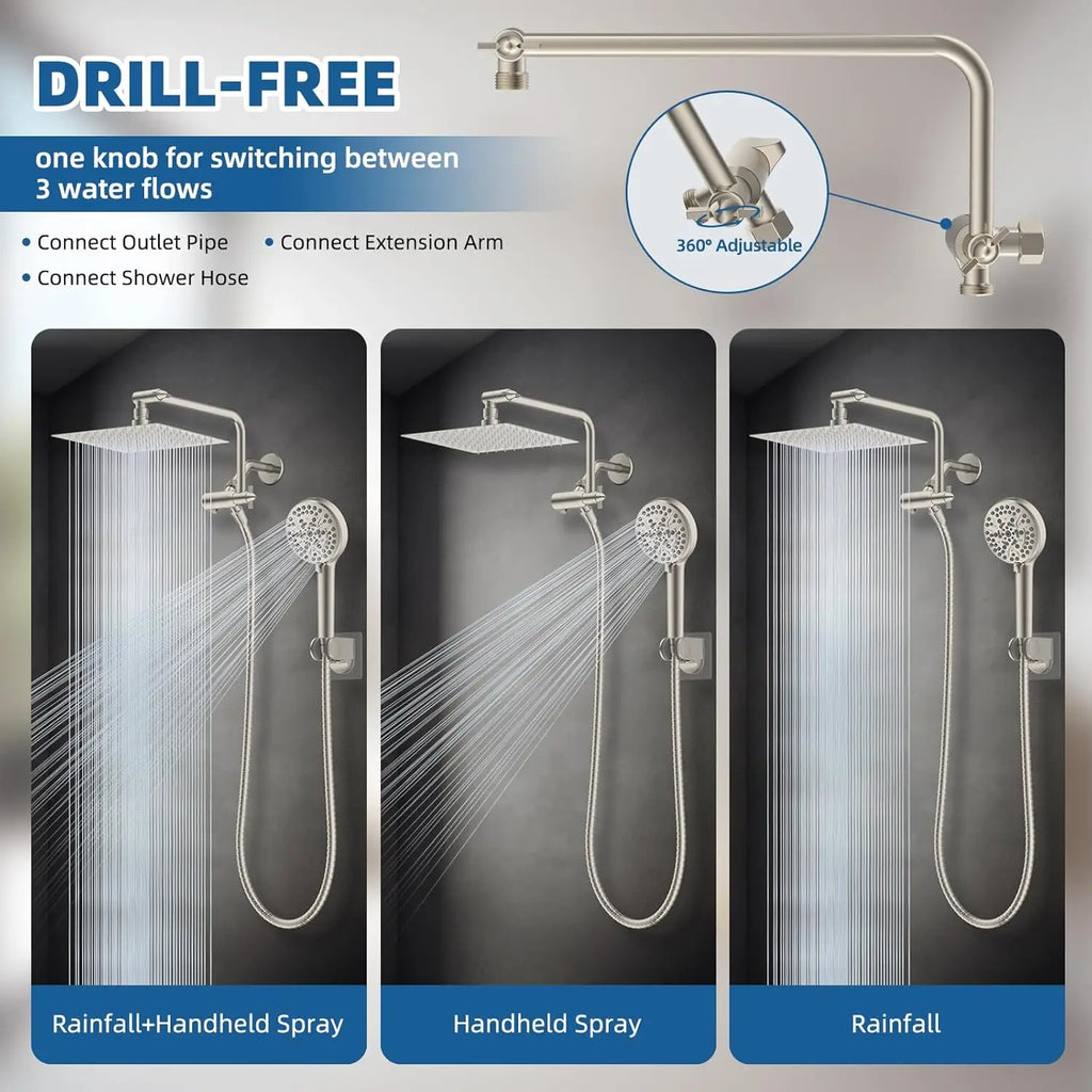 12" All Metal High Pressure Shower Head Combo with 10-Spray Settings, Rainfall Head, Adjustable Arm & Hose