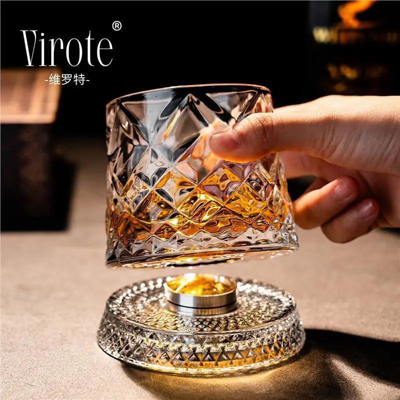 360 Rotate Degrees Crystal Rum Glass For Cocktail Party Drinking 2026 New Whiskey Glasses Rotating Whisky Glass With Glass Base