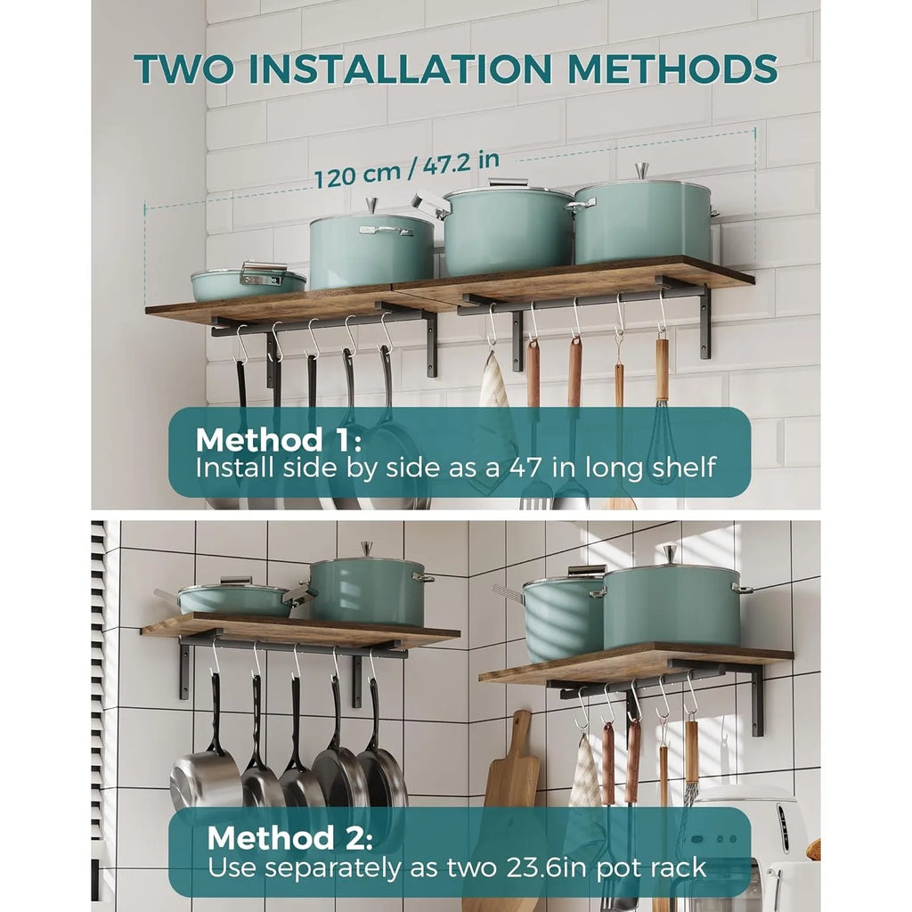 2 Pack Wooden 23.6'' Pot Pan Hanging Rack Wall Mounted with 10 S Hooks, Set of 2 Large Pot Wall Holder Kitchen Shelves.