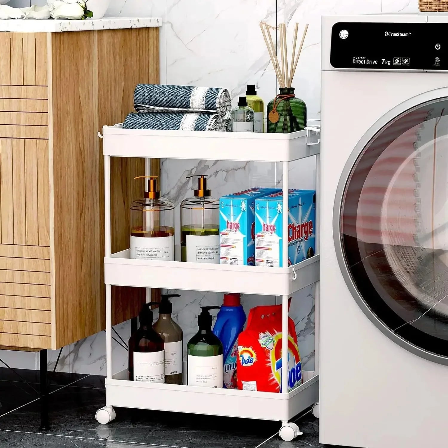 Rolling Storage Cart 3 Tier, Bathroom Cart Organizer Mobile Shelving Unit Multi-Functional Shelves for Office, Kitchen, Bathroom