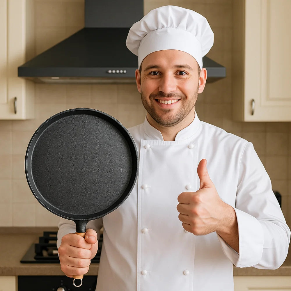 20/23/26cm Cast Iron Frying Pan Uncoated Non-Stick Egg Pancake Pan Kitchen Cookware Wooden Handle Pizza Baking Tray