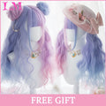 LM Blonde Synthetic Ombre Mixed Pink Blond Long Wavy Wigs with Bangs Cosplay Party UseHeat Resistant Fiber for Women