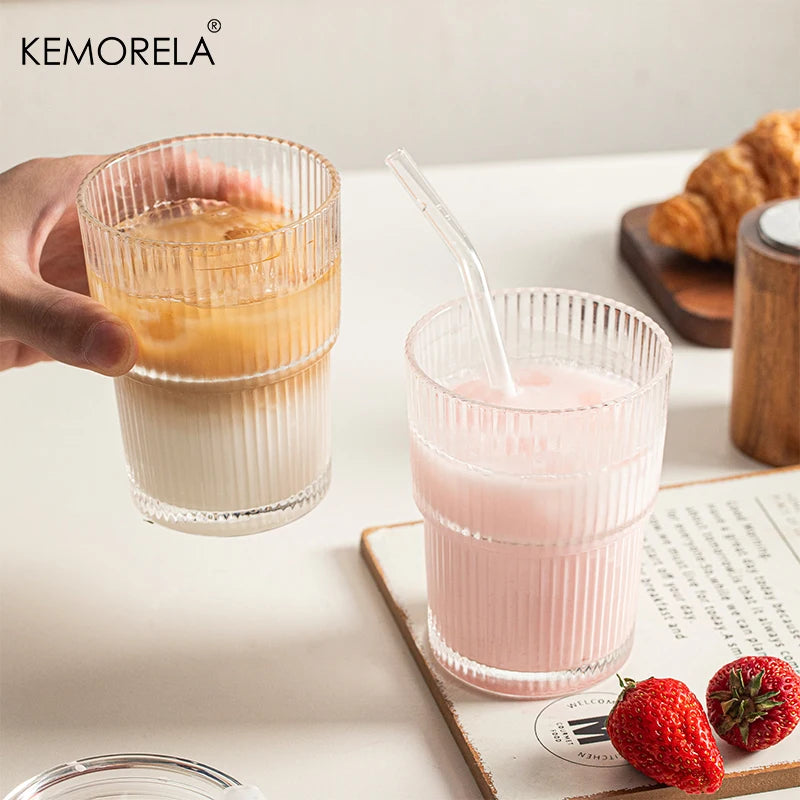 1/2PCS 450ml Stripe Glass Cup Whiskey Glass Transparent Glasses With Lid and Straw Ice Coffee Mug Juice Glass Milk BeerDrinkware