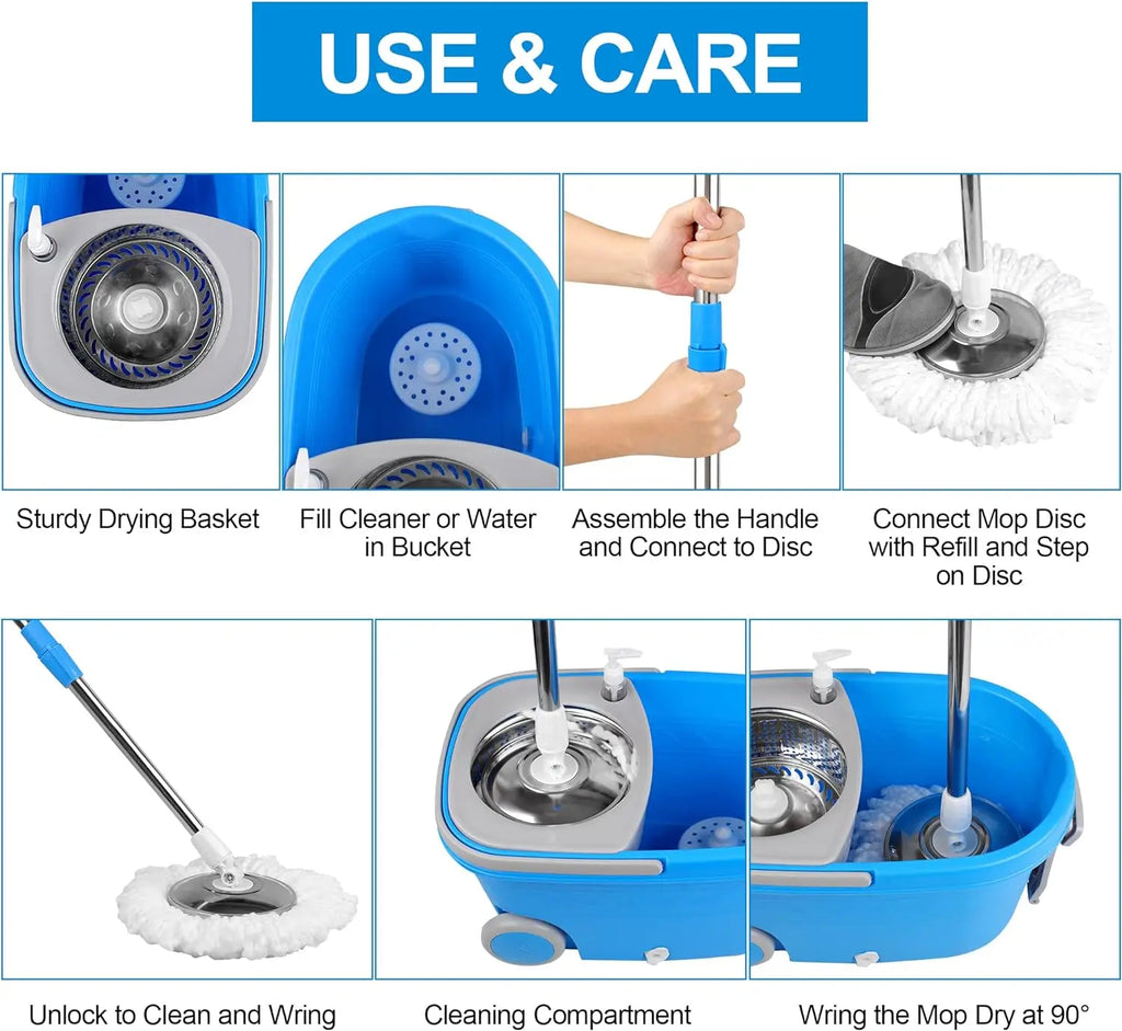 Blue Spin Mop Bucket Sets 360° Spinning Cleaning Tools with 3 Microfiber Replacement Heads, 61" Extended Handle Household Item