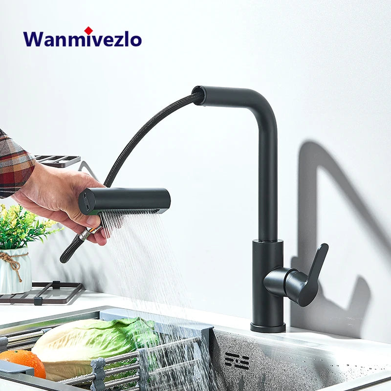 Kitchen Faucet Flexible Pull Out Hot Rainfall Cold Water Mixer Tap 360° Kitchen Sink Faucets Deck installation
