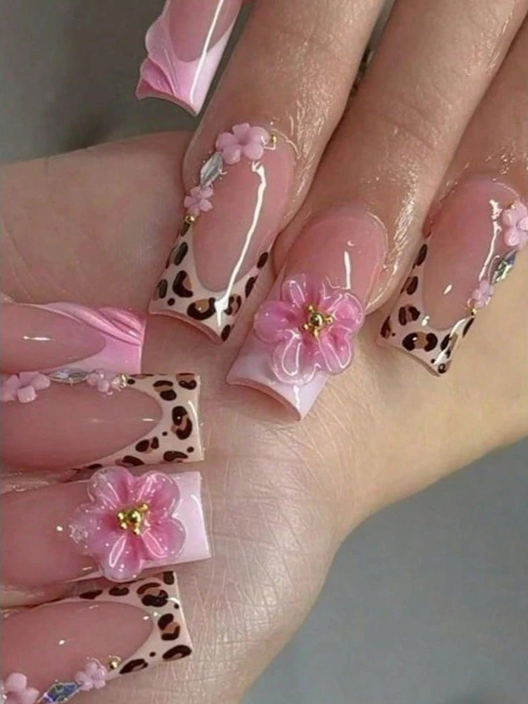 10pcs - Y2K Style Leopard Print Pink Flower Press on Nails, Pink Flower Gold Bead Square Nails - Leopard Print Design