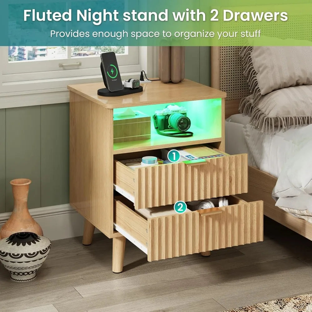 Fluted Nightstand Set of 2 with Charging Station,LED Nightstand with 2 Drawers and Open Storage Cubby, Modern Bedside，Customized