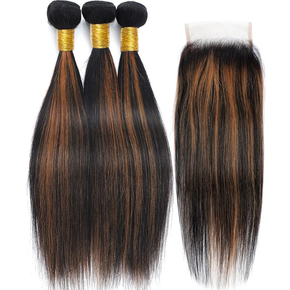 Highlight Human Hair Bundles with 4x4 Closure 12A Straight Bundles Human Hair Weft With Closure 100% Burmese Remy Hair Extension