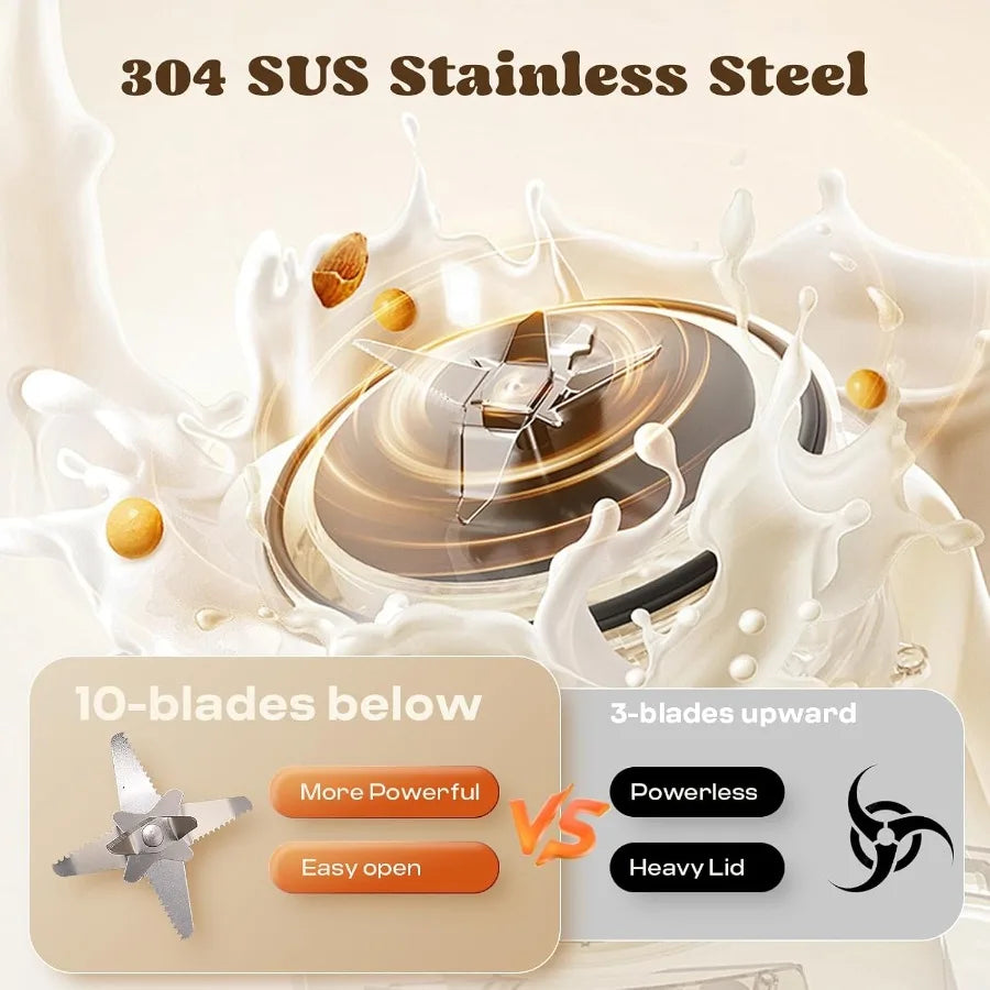8-in-1 Upgraded 40oz Nut Milk Maker Machine with 10-Leaf Blades for Homemade Oat Soy Almond Juice Stainless Steel Body Silver C