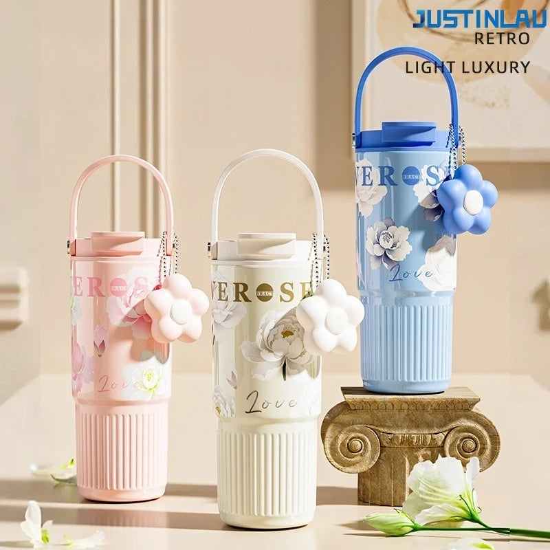 JUSTINLAU High Appearance Portable Straw Cup for Girls, Large Capacity Stainless Steel Insulated Cup Ice King Handheld Water Cup