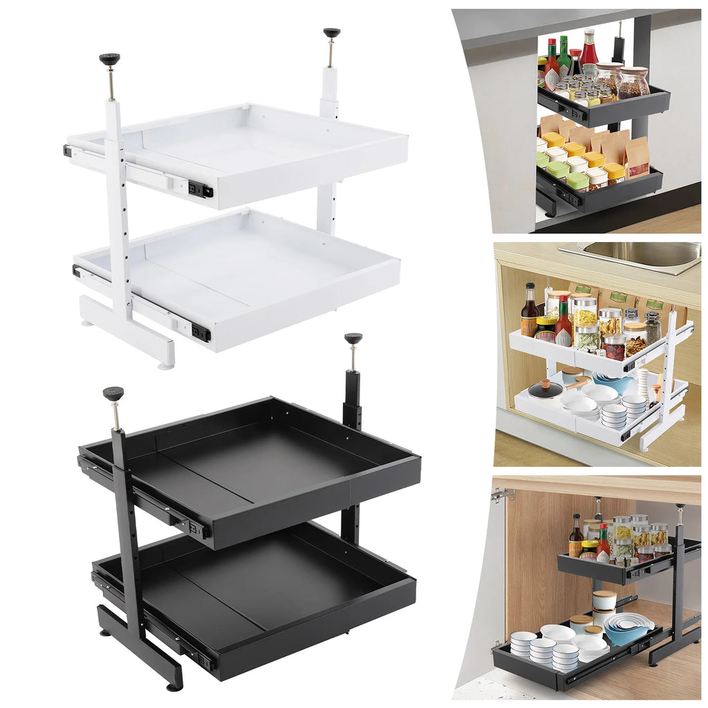 Carbon Steel Expandable Pull out Cabinet  2 -Tiers Organizer Pull Out Drawers for Cabinets Slide Out Cabinet Organizer