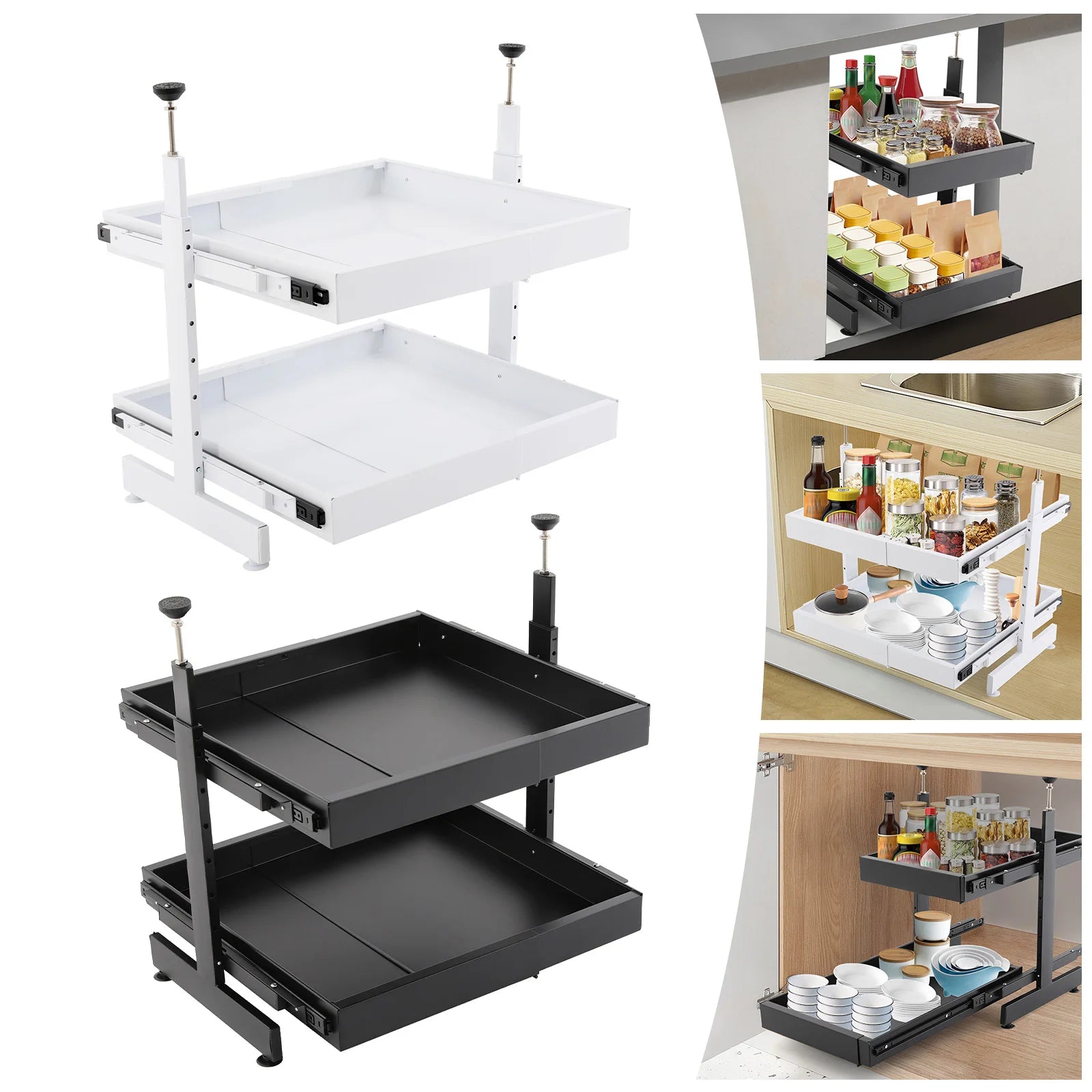 Carbon Steel Expandable Pull out Cabinet  2 -Tiers Organizer Pull Out Drawers for Cabinets Slide Out Cabinet Organizer
