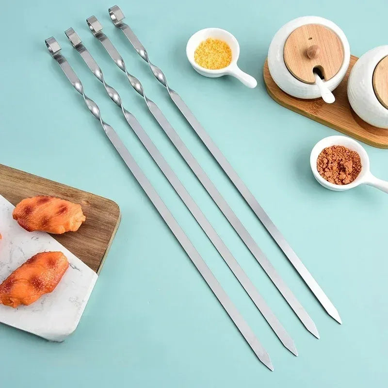 50cm 6Pcs BBQ Skewer Stainless Steel Wide Barbecue Sticks Flat BBQ Fork Outdoor Camping Picnic BBQ Utensil Kitchen Accessories