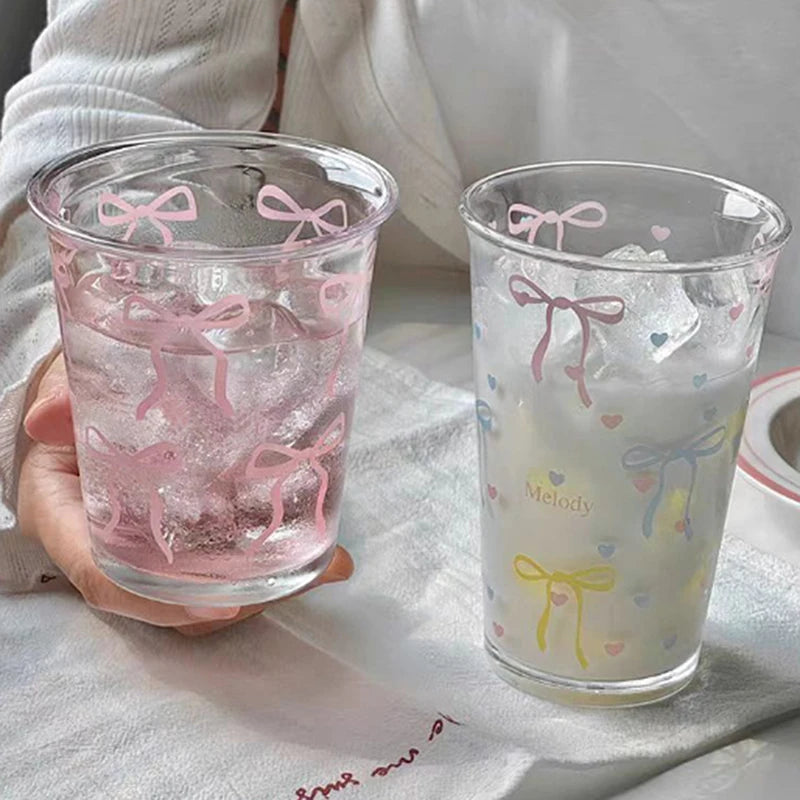 Glass Cute Water Cup Cartoon Bow Glass Cup Striped Cute Doodle Coffee Mug Household Fruit Tea Lemonade Girls Gift