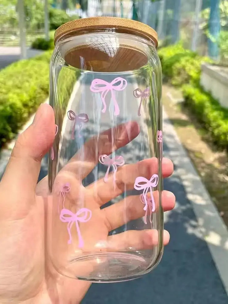Transparent Glass Tumbler Pink Bow Flower Sticker Drink Juice Cup Suitable For Hot And Cold Drinks Bow Tie Straw Cup
