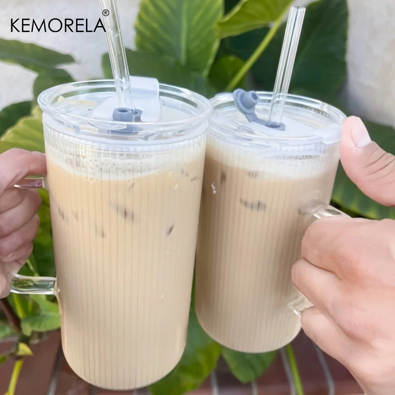 KEMORELA 740ML Ribbed Glass Tumbler Set of 1/2 with Handle Lid And Reusable Straws for Iced Coffee Clear Large Drinkware