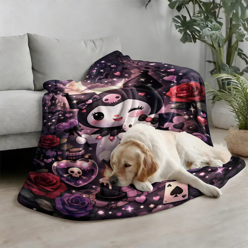 Sanrio Kuromi x Hello Kitty Flannel Blanket Kawaii Gothic Moon Print Soft Cozy Throw for Aesthetic Room Decor Gift