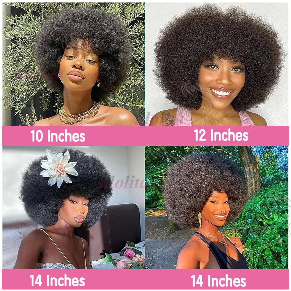 Afro Kinky Curly Short Human Hair Wigs With Thick Bangs Fluffy Natural Bob Wig Glueless Brazilian Full Machine Made Wigs On Sale