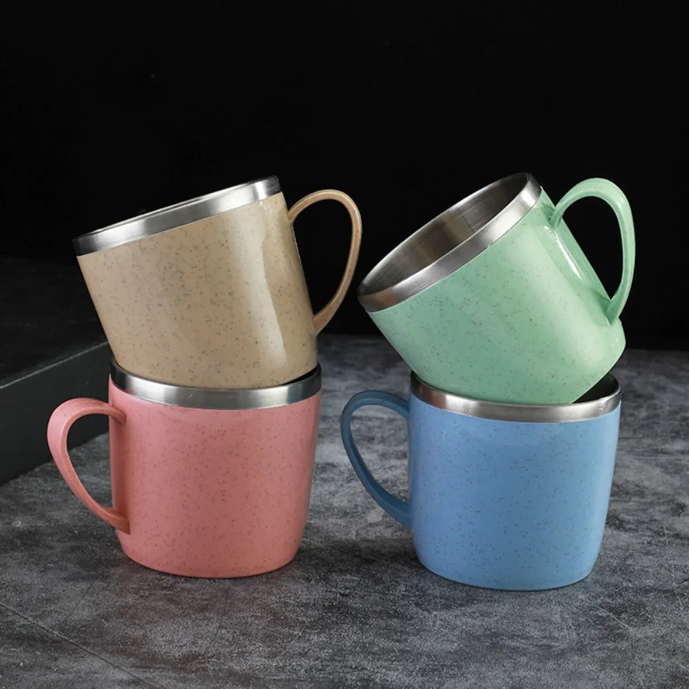 Double Layer Anti-scalding Stainless Steel Cups Plastic Handle Coffee Milk Mug Tea Drinks Water Cup for Home Office Tumbler