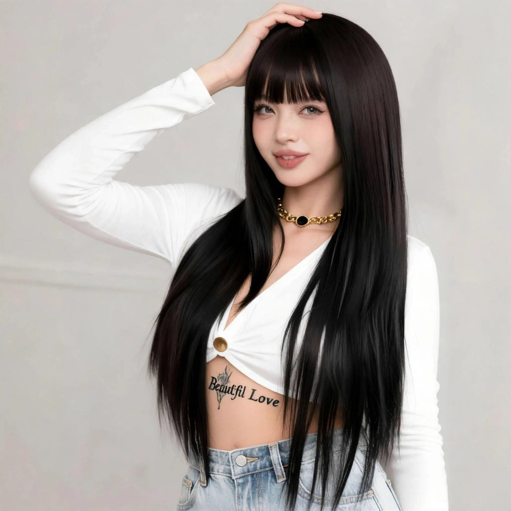 Black 26-inch synthetic wig with long straight hair for Halloween cosplay, daily use, high-temperature hair accessory
