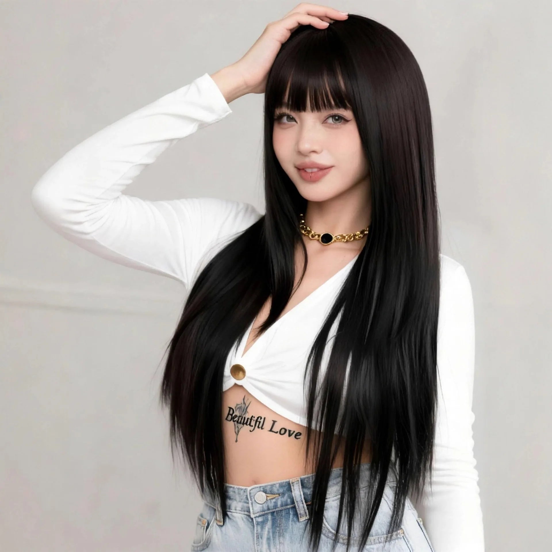 Black 26-inch synthetic wig with long straight hair for Halloween cosplay, daily use, high-temperature hair accessory
