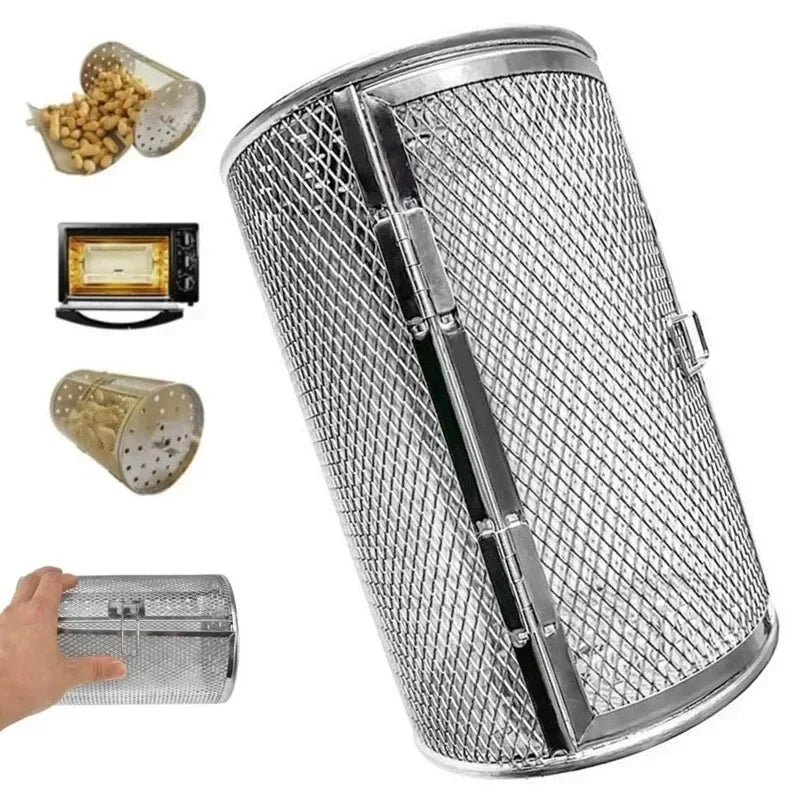 Stainless Steel Rotisserie Grill Roaster Drum Oven Rotary Baking Cage Rotisserie Basket for Peanut Dried Nut Coffee Beans BBQ