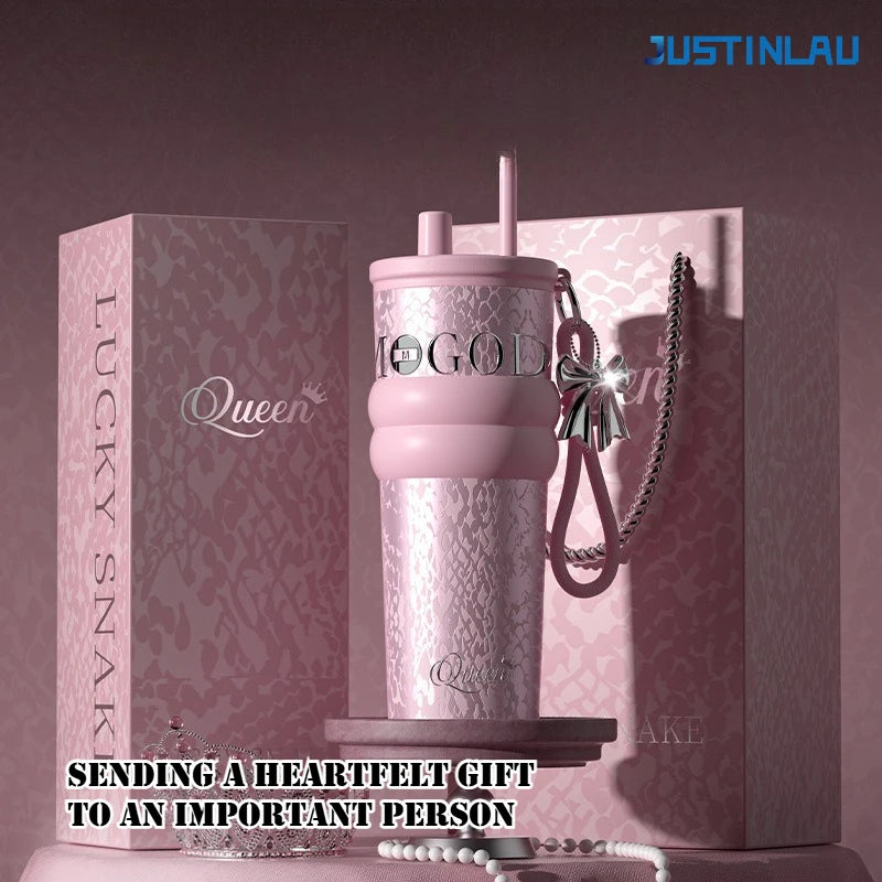 JUSTINLAU 710ML Goddess Style Aurora Insulated Cup Ceramic Coated Straw Cup Fashionable Drawstring Pendant Light Luxury Gift Cup