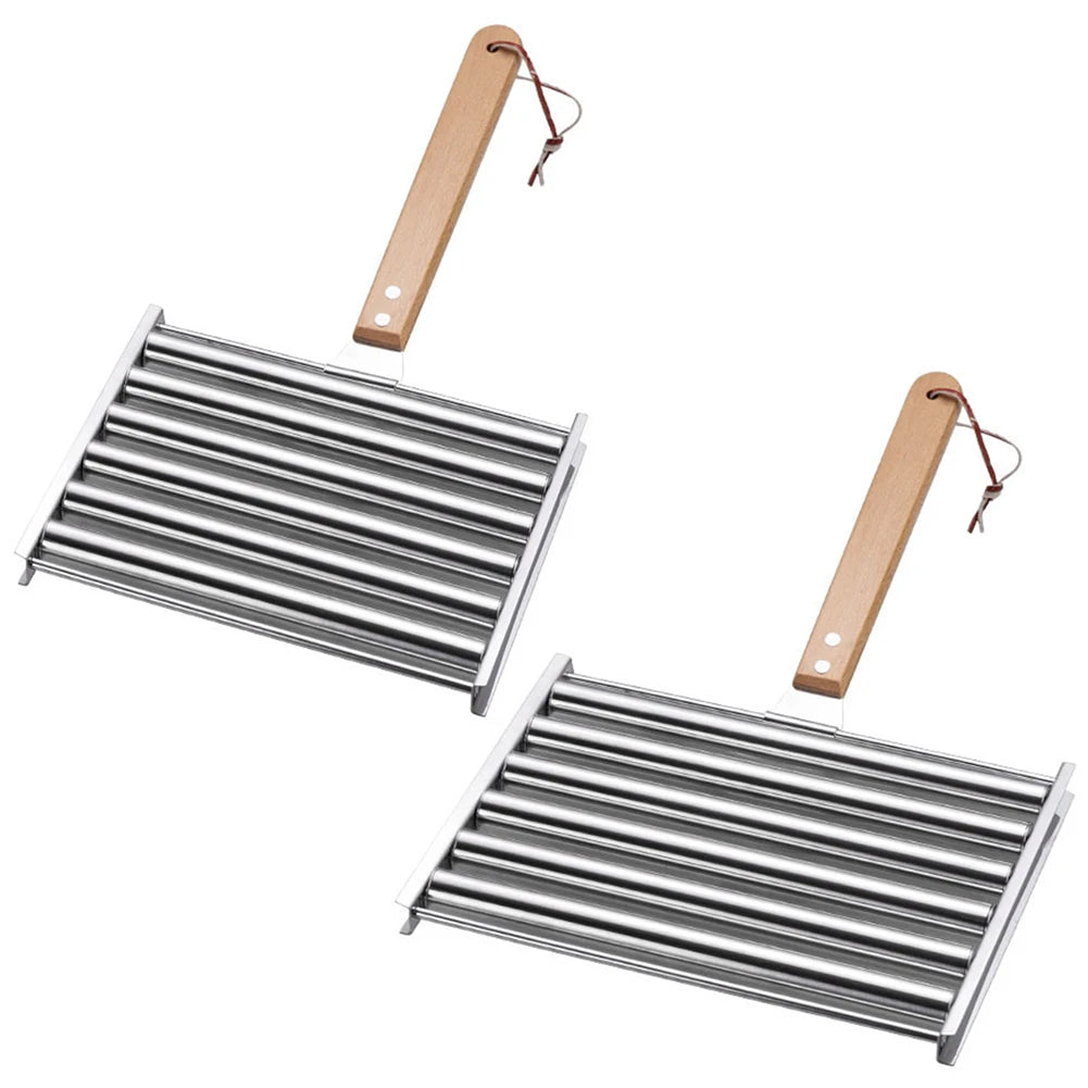 Hot Dog Roller Sausage Roller Rack Stainless Steel Hot Dog Grill Roller with Wooden Handle BBQ Hotdog Roller Grill Accessories