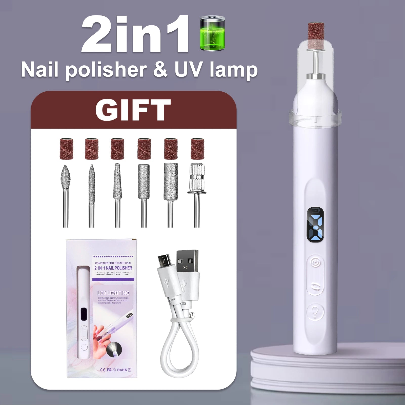 2 in 1 Electric Nail File Pen Rechargeable Nail Drill with UV LED Nail Lamp USB Portable Manicure Drill Salon Tool