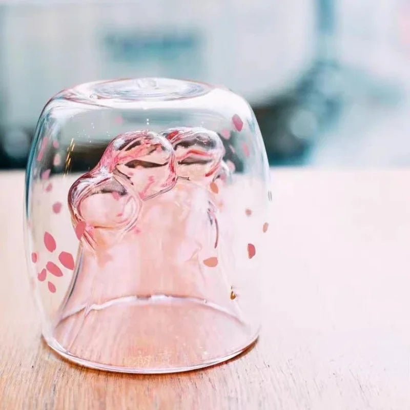 Cute Sakura Cat Paw Glass Cup Floral Cherry Double Layer Glass Coffee Milk Mug Kawaii Transparent Cups Chirtmas Gift For Friend