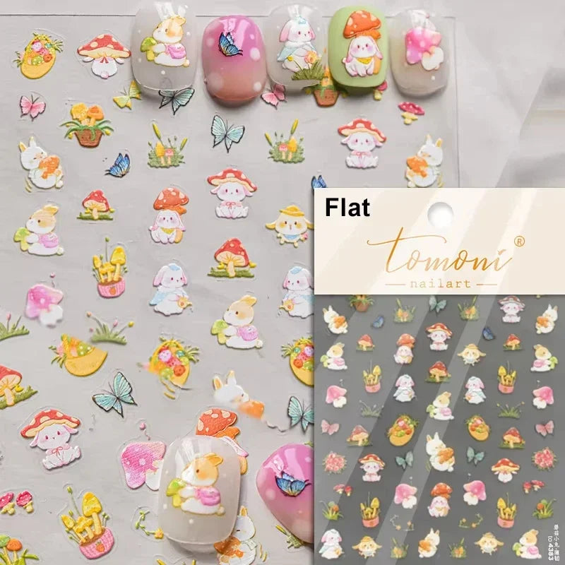 Lovely Animal Graffiti Cat Claw Rabbit Bunny Bear Dog Flower Fruit Dim Sum Candy Sunflower Adhesive 5D Nail Art Stickers Decal