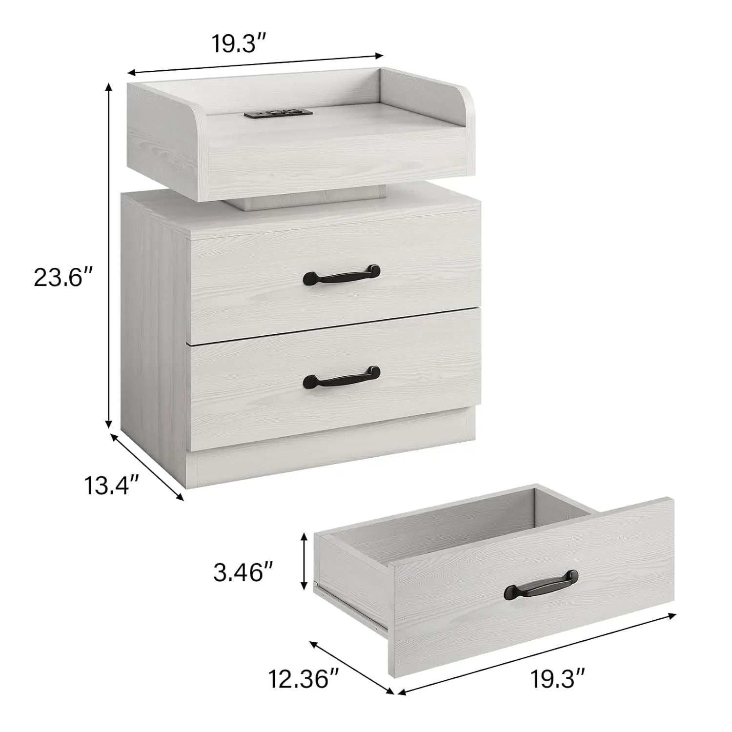 White Nightstand Set 2 Charging Station LED Lights Modern Bedroom Living Room End Table 2 Drawers, Customized