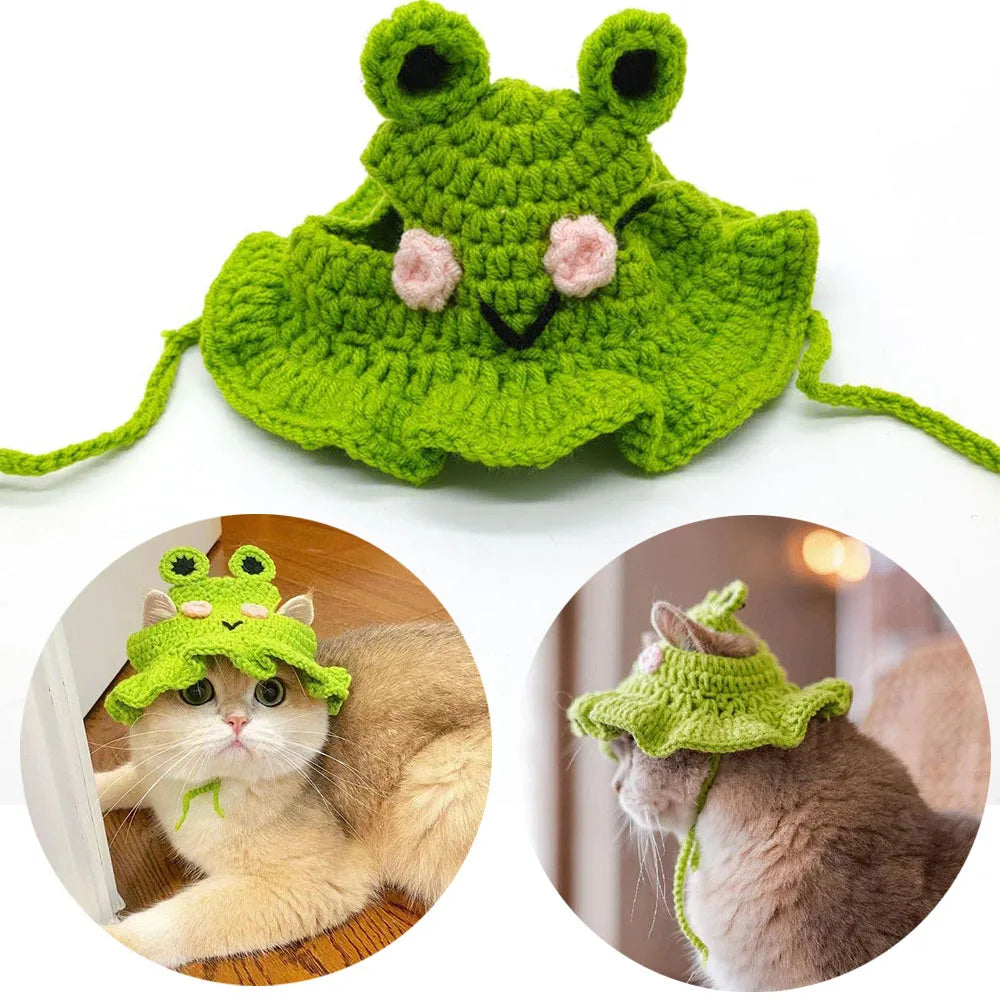 Pet Costume Hats Cat Dog Cartoon Headband Crochet Hat Knitted Cap Big Eye Frog Christmas Party Cosplay for Kitten Puppy Birthday