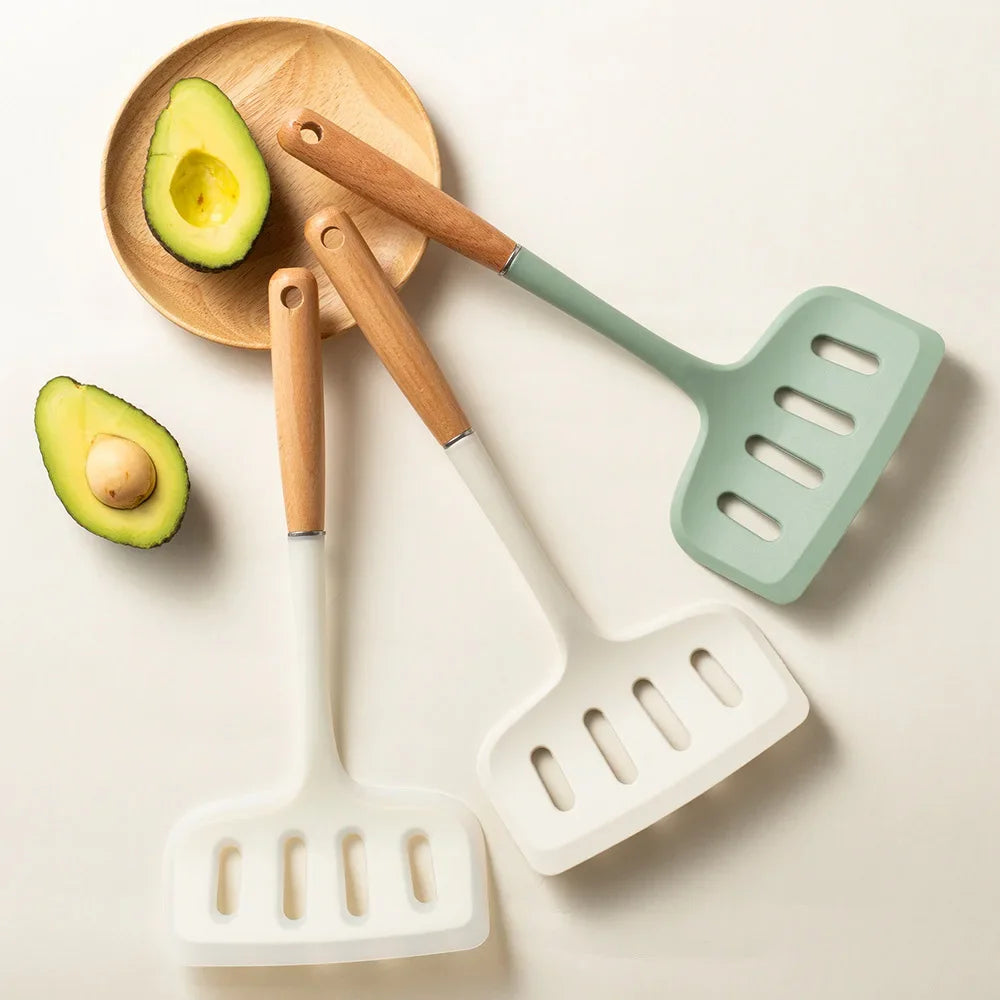 1Pcs Silicone Spatula Wide Mouth Shovel Beef Non-Stick Wooden Handle Meat Egg Frying Cooking Tool Kitchenware Gadgets Tools