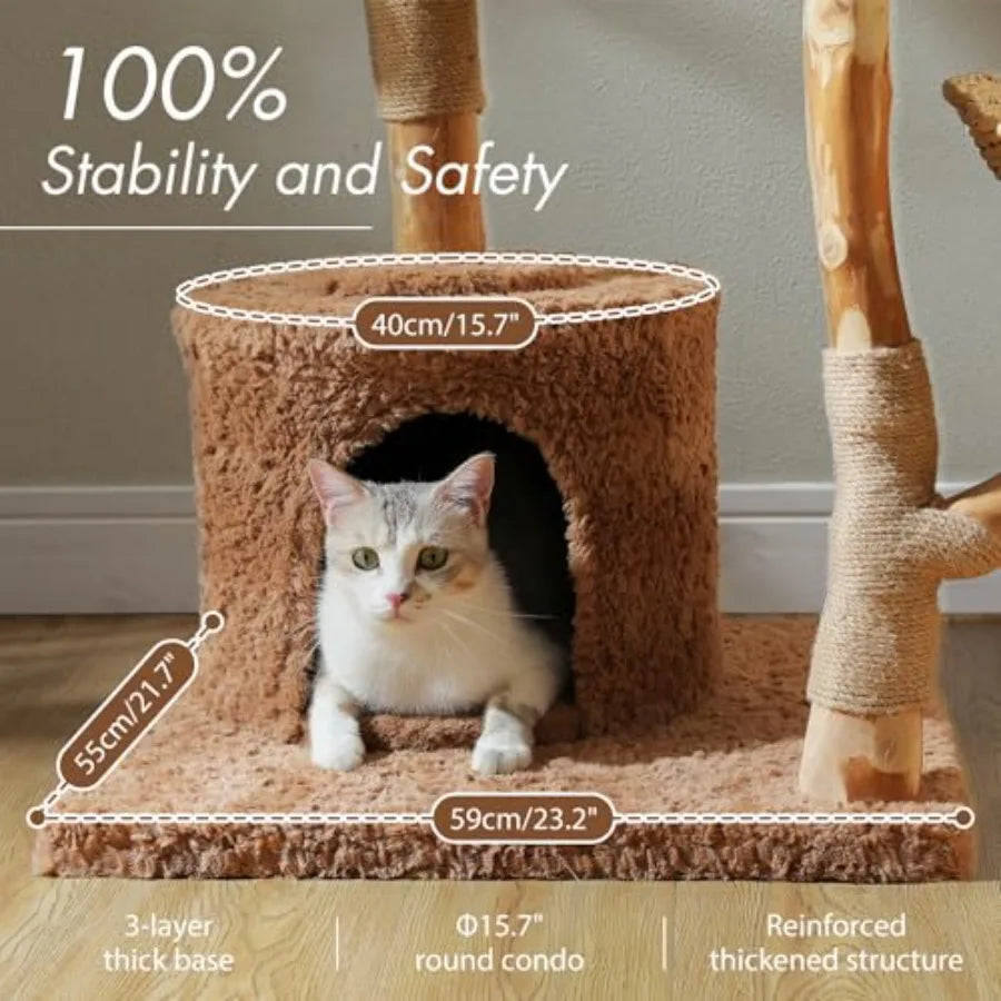 Large Cat Tree for Indoor Cats 59 Inches Modern Furniture with 3 Large Baskets Natural Solid Wood Luxury Condo and Hammock Brow
