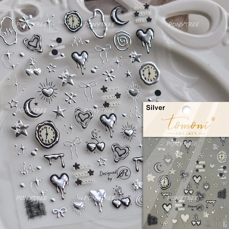 Silver Lava Annual Ring Cherry Clock Watch Starburst Love Heart Rate Chart Moon Star Line  Bowknot Line Nail Art Stickers Decals
