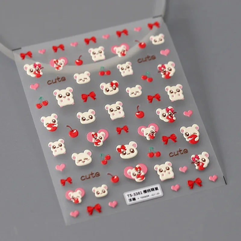 5D Embossed Reliefs Self Adhesive Nail Art Stickers Cute 3D Manicure Decals Wholesale Lovely Cartoon Red Cherry Bowknot Hamster