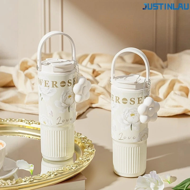 JUSTINLAU High Appearance Portable Straw Cup for Girls, Large Capacity Stainless Steel Insulated Cup Ice King Handheld Water Cup