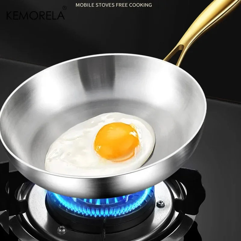 3PCS/Set 316 Stainless Steel Gold Handle Frying Pan 2MM Thick Wok Pan 5 Ply Steel Food Grade Safety Non-Stick PansMultiple Sizes