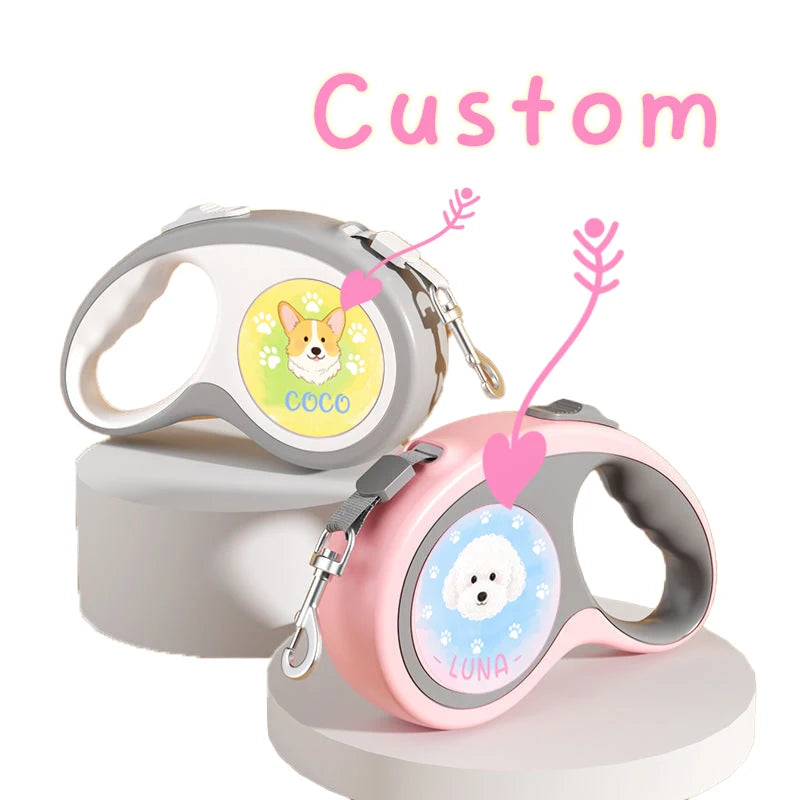 Custom Retractable Dog Leash with Personalized Avatar & Name Durable, Easy-to-Use Pet Walking Leash 3/5M Automatic Expandable
